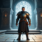 A focused male fantasy adventurer, fully clothed in elaborate, modest, and professional fantasy armor with intricate details, standing confidently in a grand, ornate chamber within an ancient, mystical dungeon. Subtle, non-violent magical glowing patterns illuminate the floor, indicating complex strategic mechanics. The adventurer looks intently ahead, deep in concentration, contemplating a tactical situation. Perfect anatomy, natural pose, well-formed hands, proper finger count. Ultra-detailed, realistic, cinematic lighting, professional photography, high resolution, soft ambient light, volumetric fog. safe for work, appropriate content, fully clothed, modest, family-friendly.