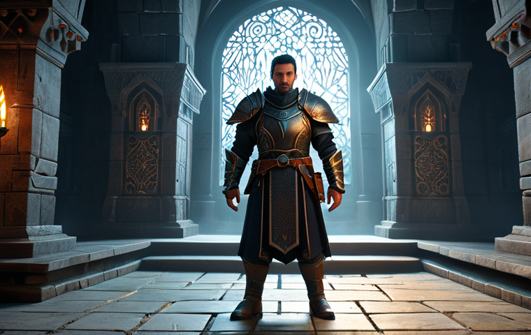 A focused male fantasy adventurer, fully clothed in elaborate, modest, and professional fantasy armor with intricate details, standing confidently in a grand, ornate chamber within an ancient, mystical dungeon. Subtle, non-violent magical glowing patterns illuminate the floor, indicating complex strategic mechanics. The adventurer looks intently ahead, deep in concentration, contemplating a tactical situation. Perfect anatomy, natural pose, well-formed hands, proper finger count. Ultra-detailed, realistic, cinematic lighting, professional photography, high resolution, soft ambient light, volumetric fog. safe for work, appropriate content, fully clothed, modest, family-friendly.