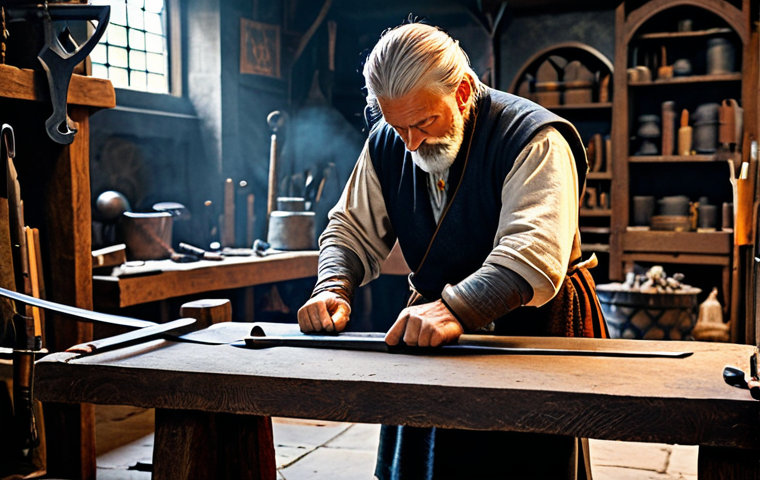 Crafting a Weapon**

"A skilled artisan, fully clothed in traditional fantasy attire, meticulously crafting a sword at a detailed forge. The scene is set in a bustling workshop filled with tools and materials. Safe for work, appropriate content, perfect anatomy, natural proportions, professional quality, high resolution, family-friendly."

**