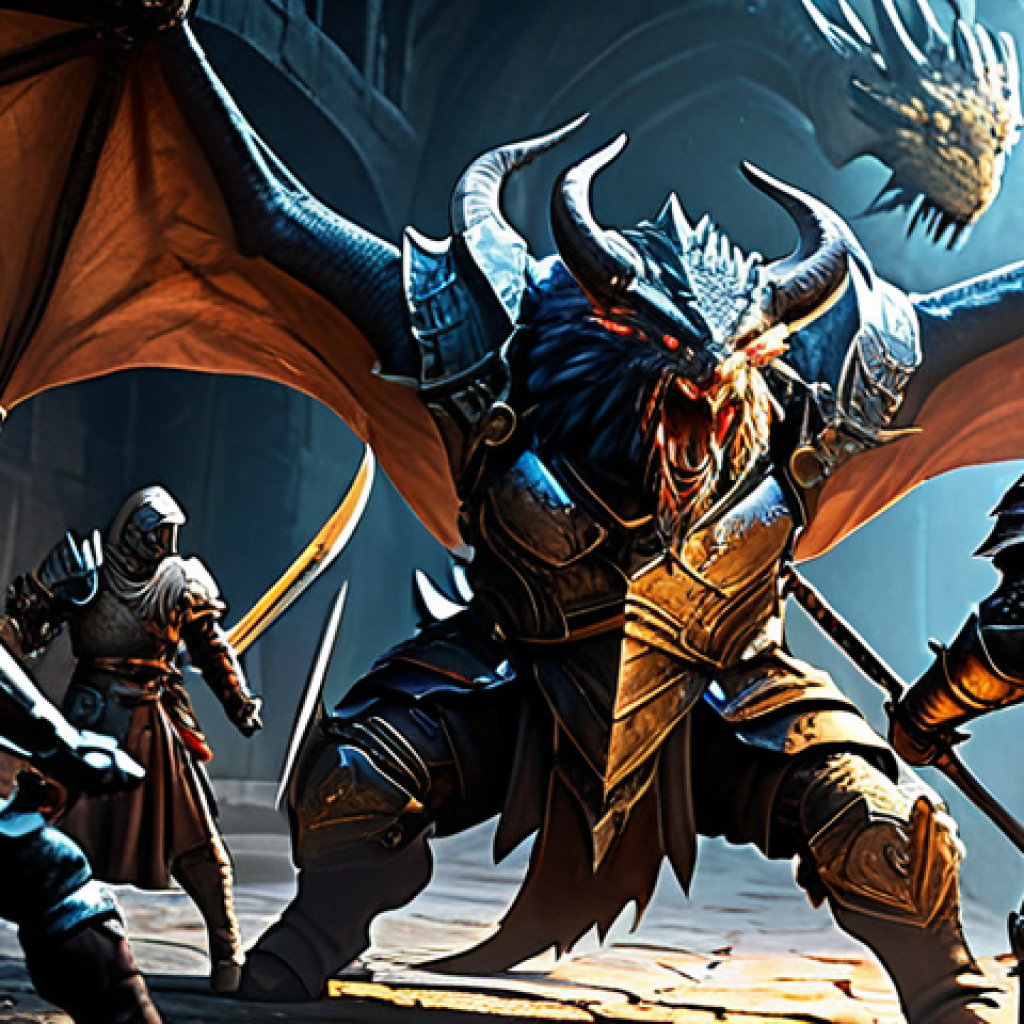 블레이드앤소울 실시간 전투 팁 - Strategic Teamwork** "A well-coordinated team of adventurers, fully clothed in fantasy armor, battl...