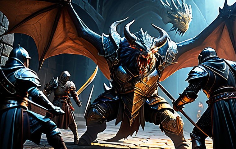 블레이드앤소울 실시간 전투 팁 - Strategic Teamwork** "A well-coordinated team of adventurers, fully clothed in fantasy armor, battl...