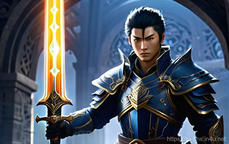 블레이드앤소울 아이템 드랍 위치 - **A male Lyn Swordsman in Mushin's Tower, wielding a glowing legendary weapon.** "A full-body sh...