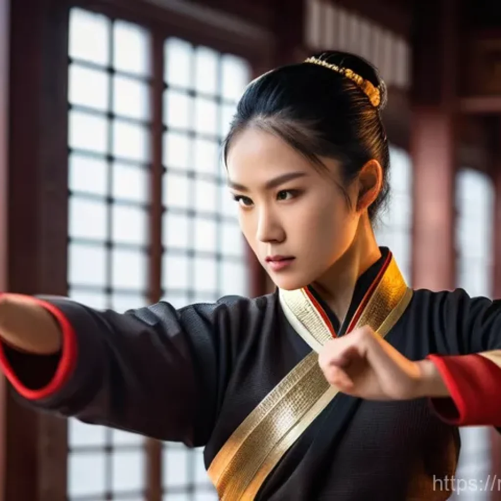 블레이드앤소울 버프 스킬 최적화 - A highly skilled female martial artist, wearing intricate, modest combat attire with elegant gold an...