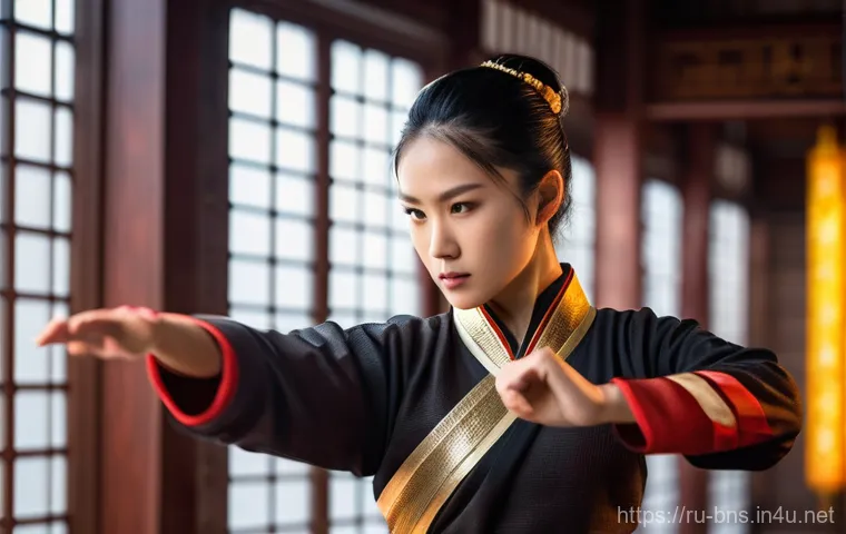 블레이드앤소울 버프 스킬 최적화 - A highly skilled female martial artist, wearing intricate, modest combat attire with elegant gold an...