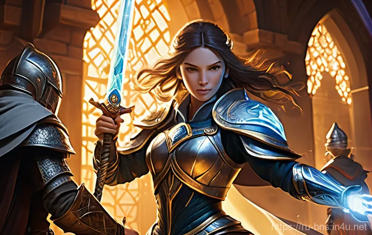 블레이드앤소울 버프 스킬 최적화 - A highly skilled female martial artist, wearing intricate, modest combat attire with elegant gold an...
