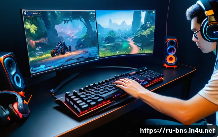 블레이드앤소울 최적화 성능 비교 - A detailed gaming setup scene featuring a mid-range laptop displaying Blade & Soul gameplay with opt...