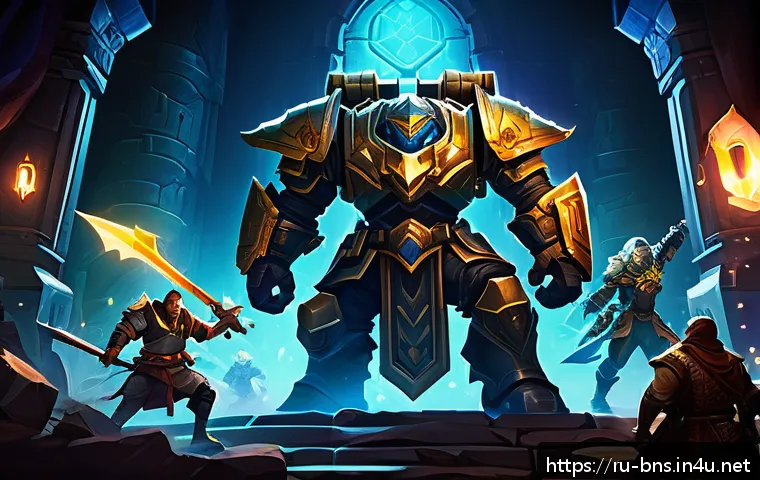블레이드앤소울 신비로운 상자 드랍 정보 - A dynamic fantasy game scene depicting a group of four diverse adventurers—tank, healer, and two dam...