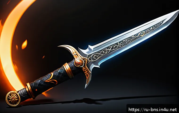블레이드앤소울 무기 스킨 변경법 - A detailed fantasy sword skin called "Moon Flame" featuring bright fiery effects enveloping the blad...