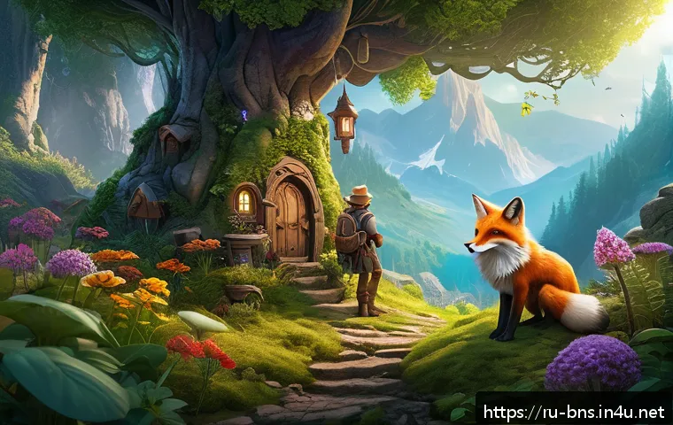 블레이드앤소울 생활기술 노하우 - A detailed fantasy forest scene at the foot of a mountain, rich with tall ancient trees and dense pa...