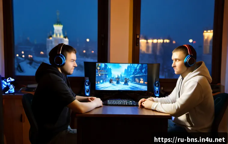 블레이드앤소울 길드 활동 꿀팁 - Photorealistic scene of a diverse Russian-speaking online gaming guild coordinating a fantasy raid f...