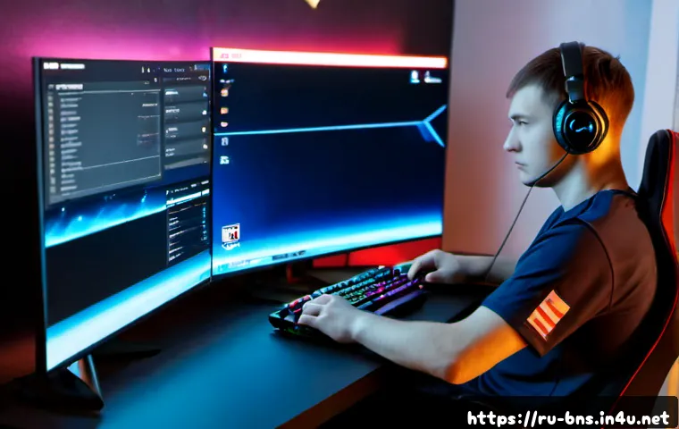 Home 17 블레이드앤소울 PVP 매크로 대처법 - Photorealistic Russian esports player at a tidy home gaming desk, calmly configuring fair-play secur...