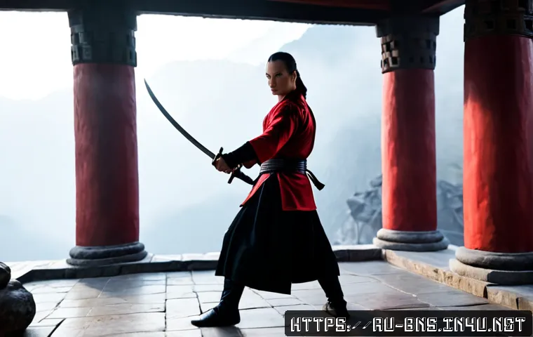 Home 31 블레이드앤소울 진족 인기 직업 - Photorealistic cinematic fantasy scene of a confident adult martial artist in elegant crimson and bl...