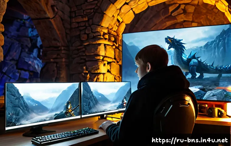 Home 30 블레이드앤소울 신규 업데이트 소식 - Photorealistic gaming news scene in a cozy modern Russian apartment, adult gamer viewing a fantasy m...