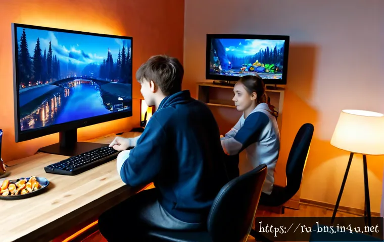 블레이드앤소울 초보 유저 커뮤니티 - Photorealistic cozy Moscow apartment gaming setup, two Russian young adult friends helping a newcome...