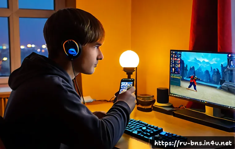 Home 17 블레이드앤소울 공식 이벤트 참여법 - Photorealistic Russian gamer at a tidy apartment desk in Moscow, using a desktop computer and smartp...